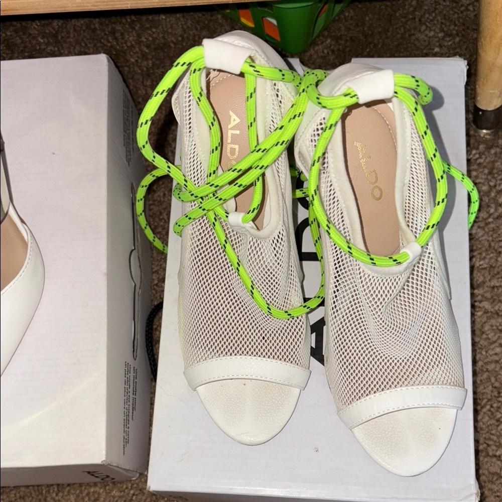 ALDO White heels with Neon Green Accents